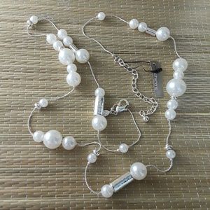 Chicos Long Faux Pearl Silver Tone Necklace